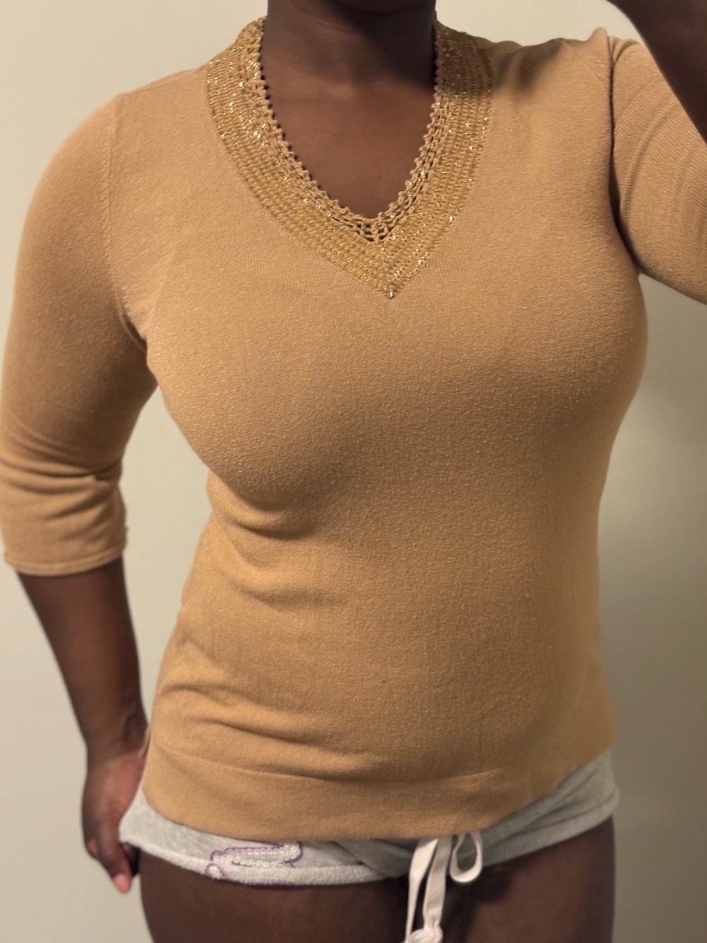 Jones New York Tan Quarter/Bell Sleeve Top with Gold Beading Trim